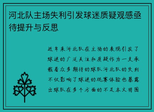 河北队主场失利引发球迷质疑观感亟待提升与反思