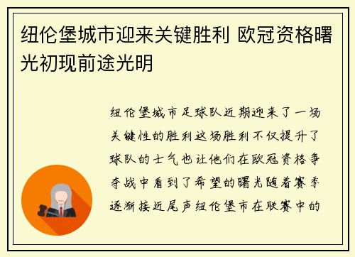 纽伦堡城市迎来关键胜利 欧冠资格曙光初现前途光明