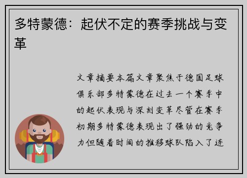 多特蒙德：起伏不定的赛季挑战与变革