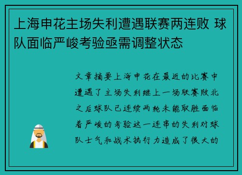 上海申花主场失利遭遇联赛两连败 球队面临严峻考验亟需调整状态