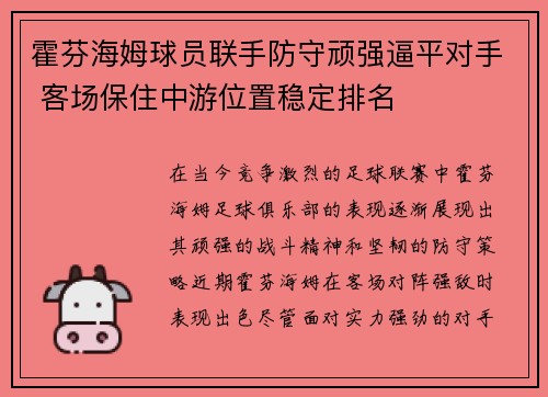 霍芬海姆球员联手防守顽强逼平对手 客场保住中游位置稳定排名