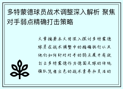 多特蒙德球员战术调整深入解析 聚焦对手弱点精确打击策略