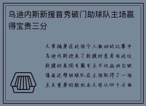 乌迪内斯新援首秀破门助球队主场赢得宝贵三分