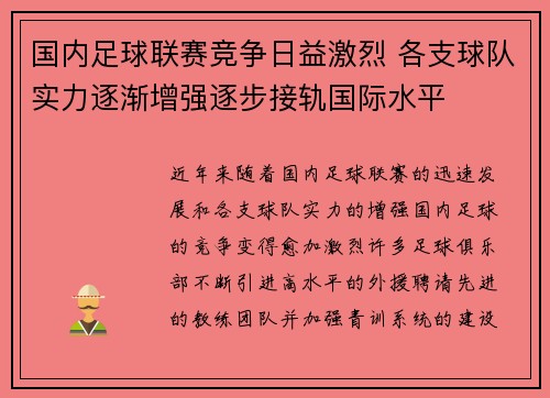 国内足球联赛竞争日益激烈 各支球队实力逐渐增强逐步接轨国际水平
